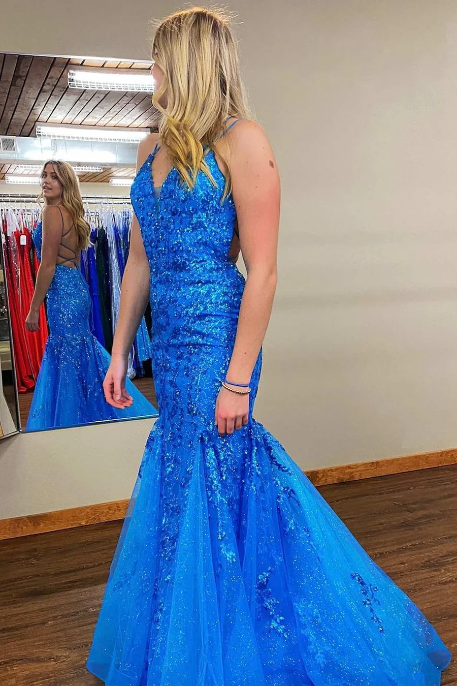 Mermaid V Neck Royal Blue Sequins formal dress Long evening gowns Prom Dresses